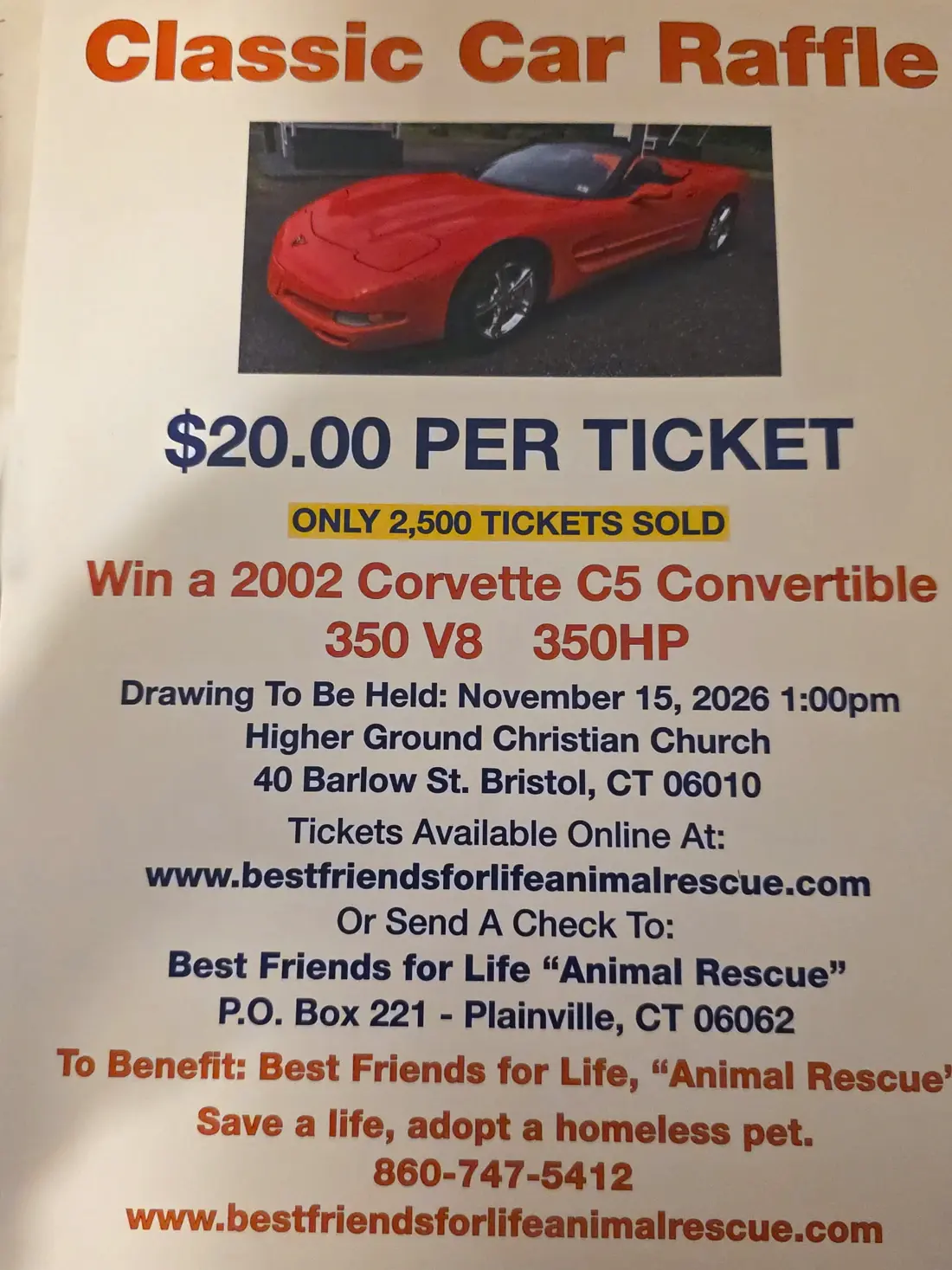 Classic Car Raffle flyer for a red 2002 Corvette C5 convertible, twenty dollars per ticket, drawing 15 November 2026